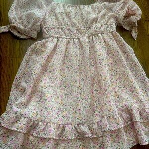 Lush Pink Floral Smocked dress yellow green white bow sleeves babydoll small
